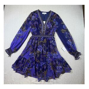 NWT Hale Bob Women Dress M Blue Purple Floral Cottagecore Fit and Flare Lng Slve